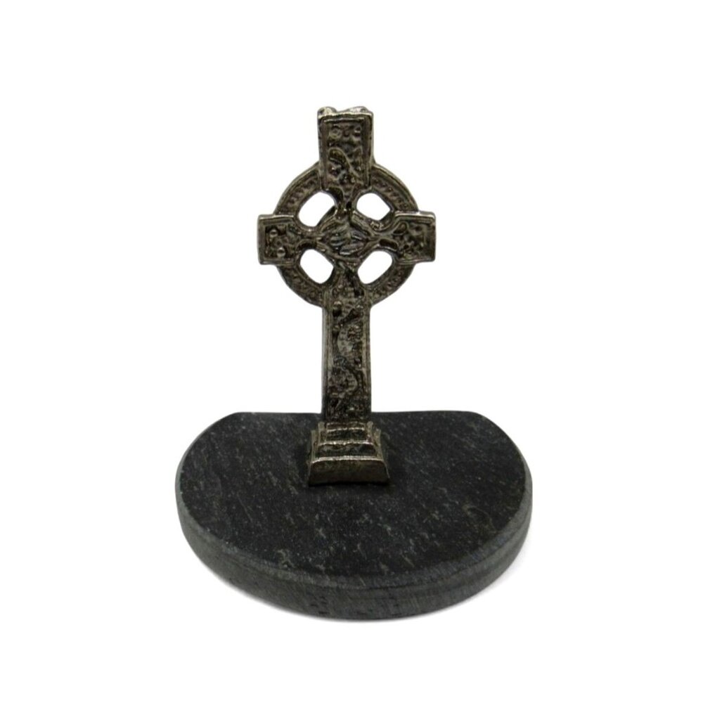 Small CELTIC CROSS Pewter Figurine on Marble Base 2.3"